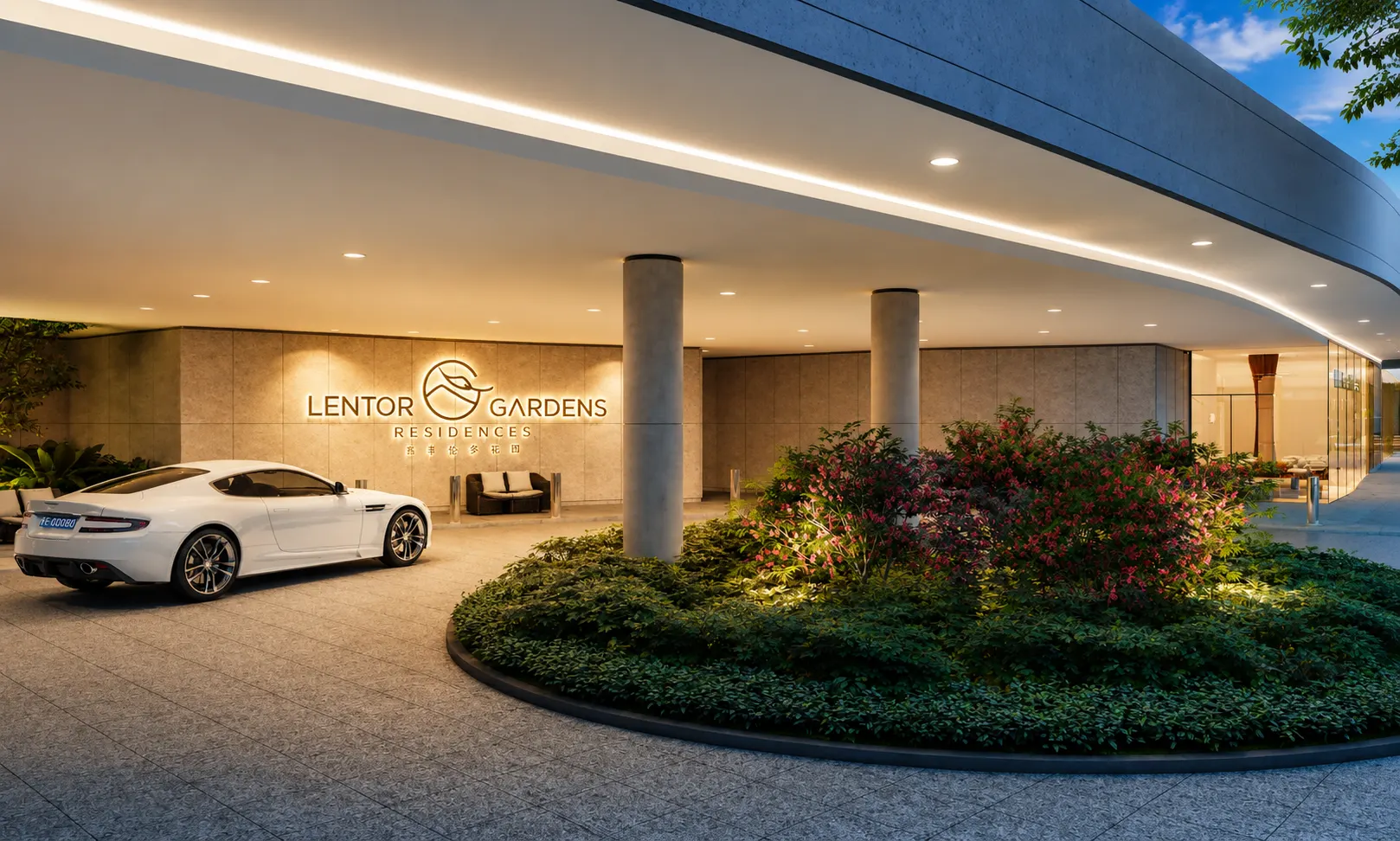 Lentor Gardens Residences drop-off entrance at dusk